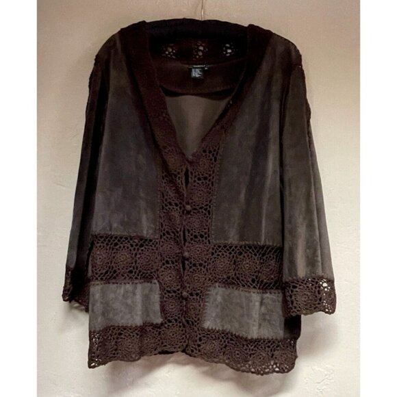 Doncaster Collection Women XL Leather Crochet Knit Trim Blazer Brown Lightweight